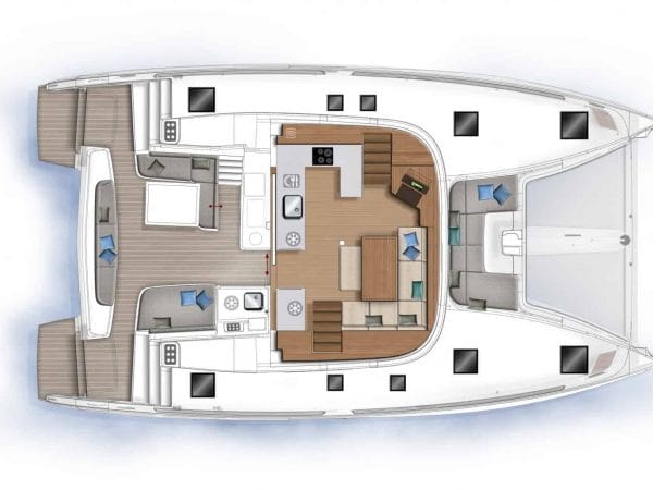 The spacious saloon and cockpit plan of the Lagoon 46 yacht