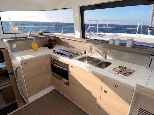 Galley of the Bali 4.1 with beautiful sink, stove