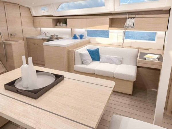 Luxurious and minimalistic atmosphere of the interior galley and dining area of the Beneteau Oceanis 46.1