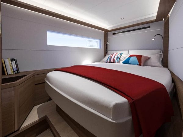 The interior design of the majestic owners cabin of a Lagoon 46 yacht